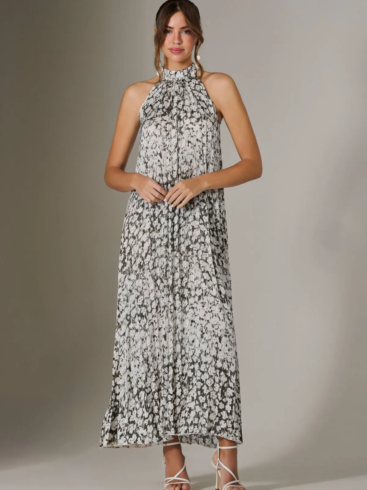 Jolie Moi Occasion Dresses|Weekend Casuals-Abstract Halter Neck Pleated Maxi Dress, Black Abstract