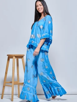 Jolie Moi Co-Ords-Abstract Print Palazzo Style Holiday Pants, Blue Abstract