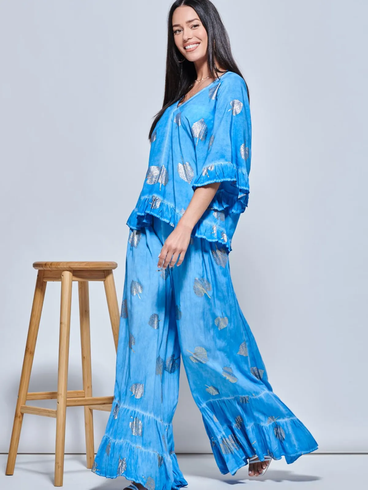 Jolie Moi Co-Ords-Abstract Print Palazzo Style Holiday Pants, Blue Abstract