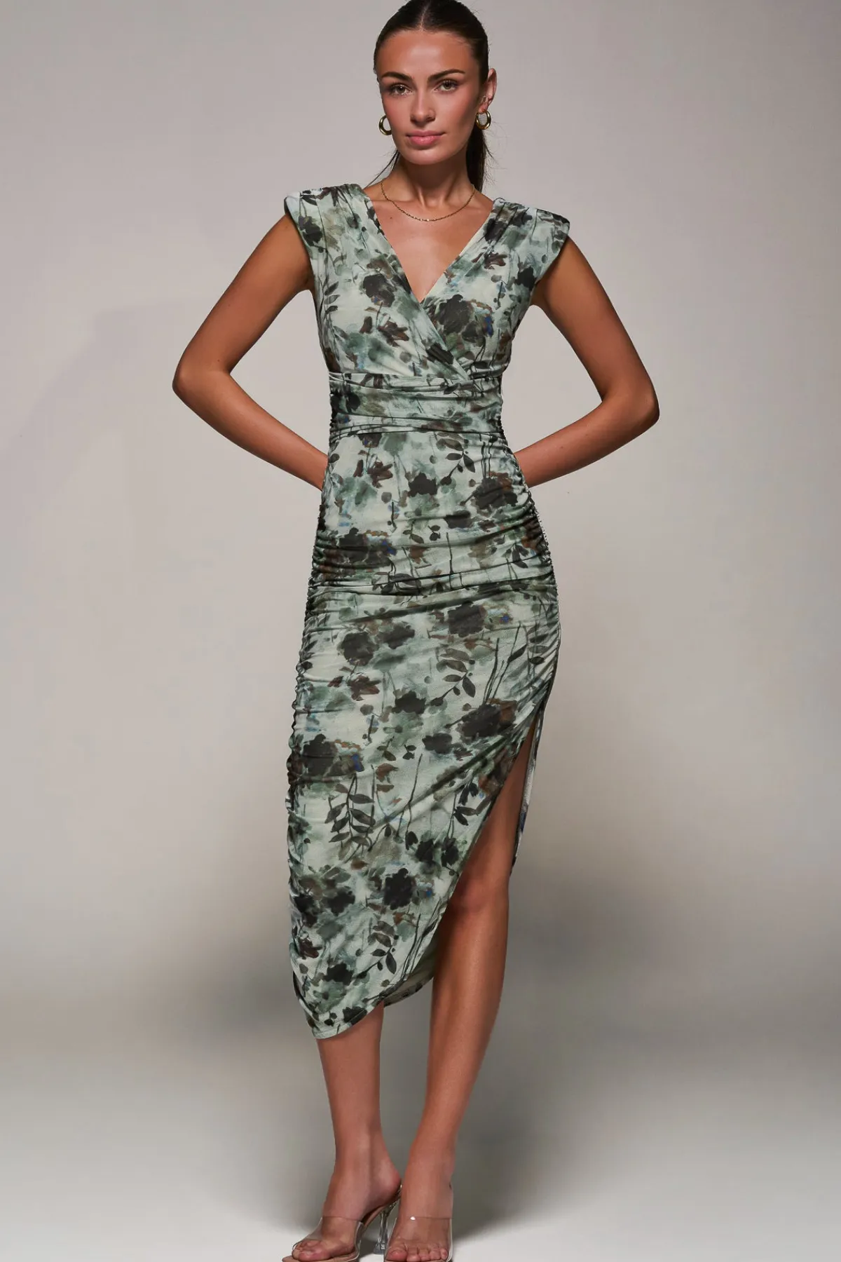 Jolie Moi Occasion Dresses|Sleeveless Dresses-Abstract Ruched Asymmetric Bodycon Dress, Grey Abstract