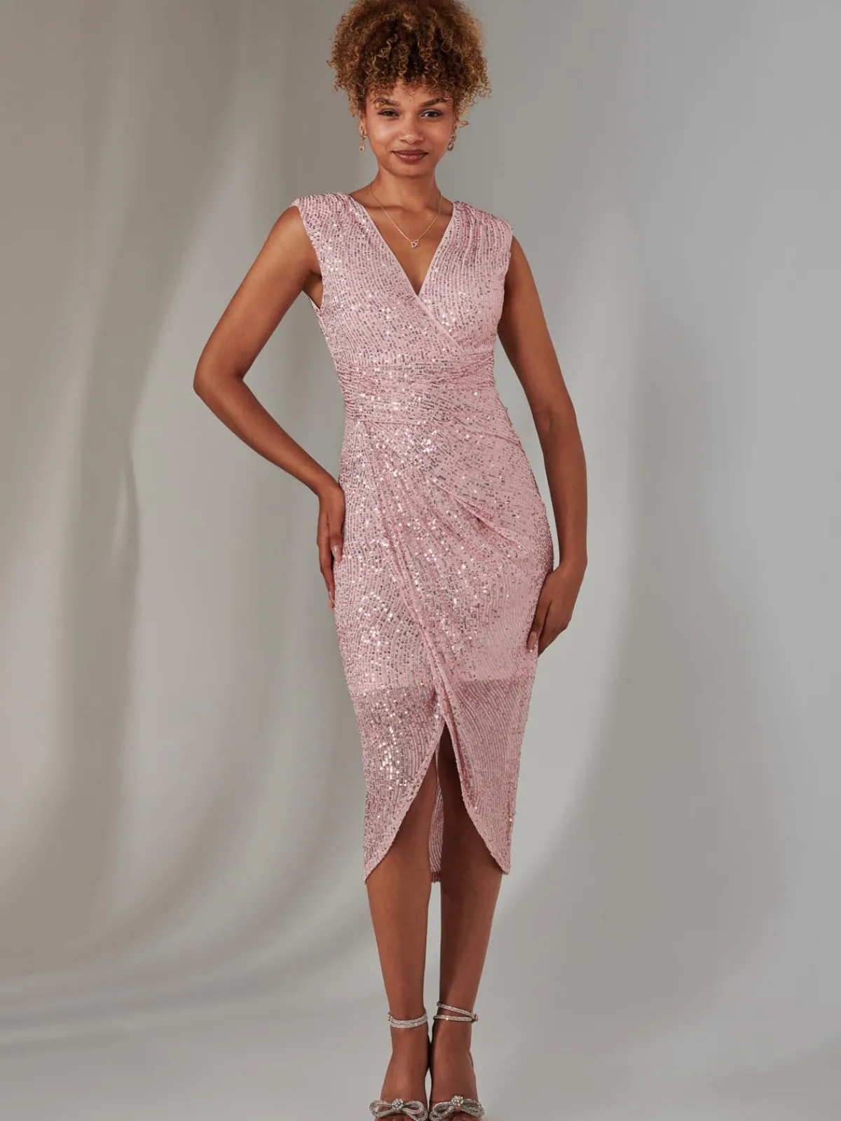 Jolie Moi Occasion Dresses|Party Dresses-Aisla Ruched Sequin Bodycon Dress, Pink