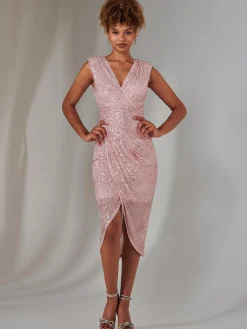 Jolie Moi Occasion Dresses|Party Dresses-Aisla Ruched Sequin Bodycon Dress, Pink