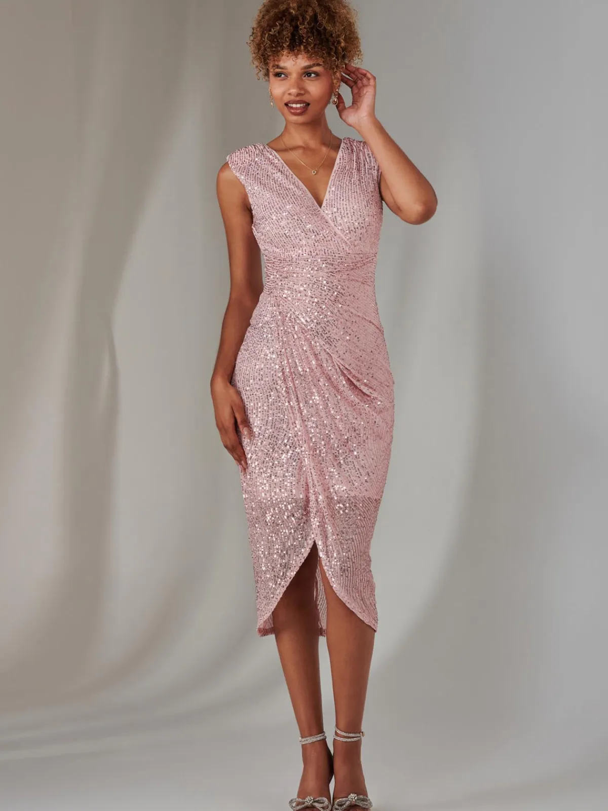 Jolie Moi Occasion Dresses|Party Dresses-Aisla Ruched Sequin Bodycon Dress, Pink