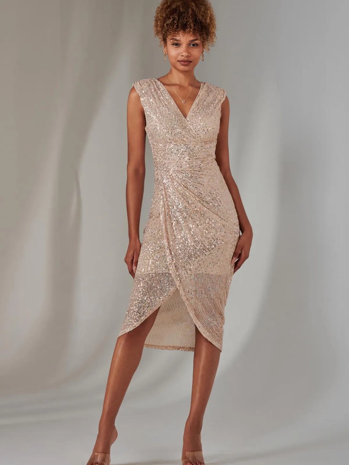 Jolie Moi Occasion Dresses|Party Dresses-Aisla Ruched Sequin Bodycon Dress, Rose Gold
