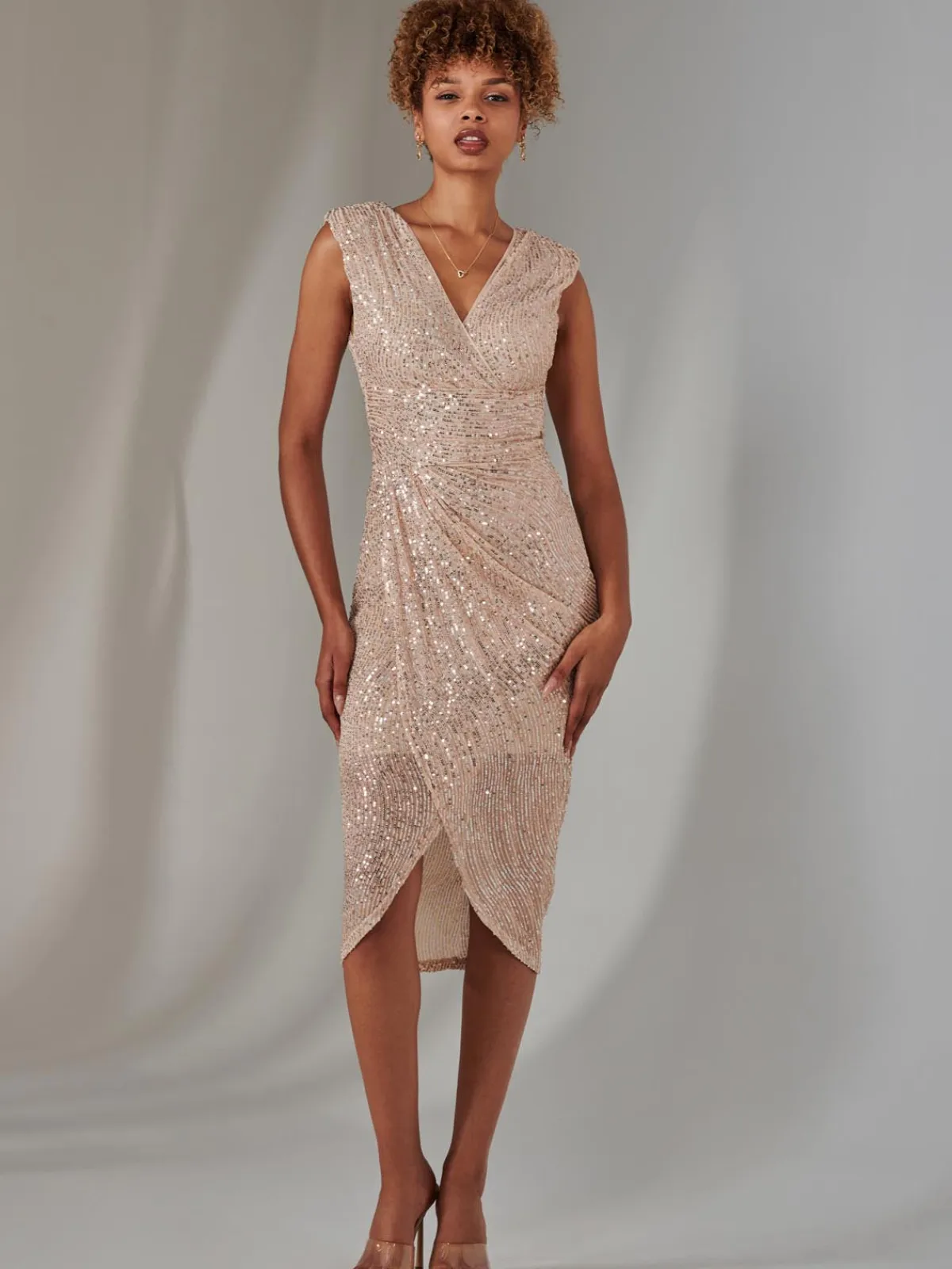 Jolie Moi Occasion Dresses|Party Dresses-Aisla Ruched Sequin Bodycon Dress, Rose Gold