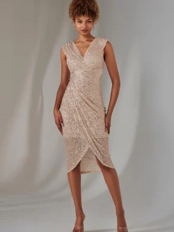 Jolie Moi Occasion Dresses|Party Dresses-Aisla Ruched Sequin Bodycon Dress, Rose Gold