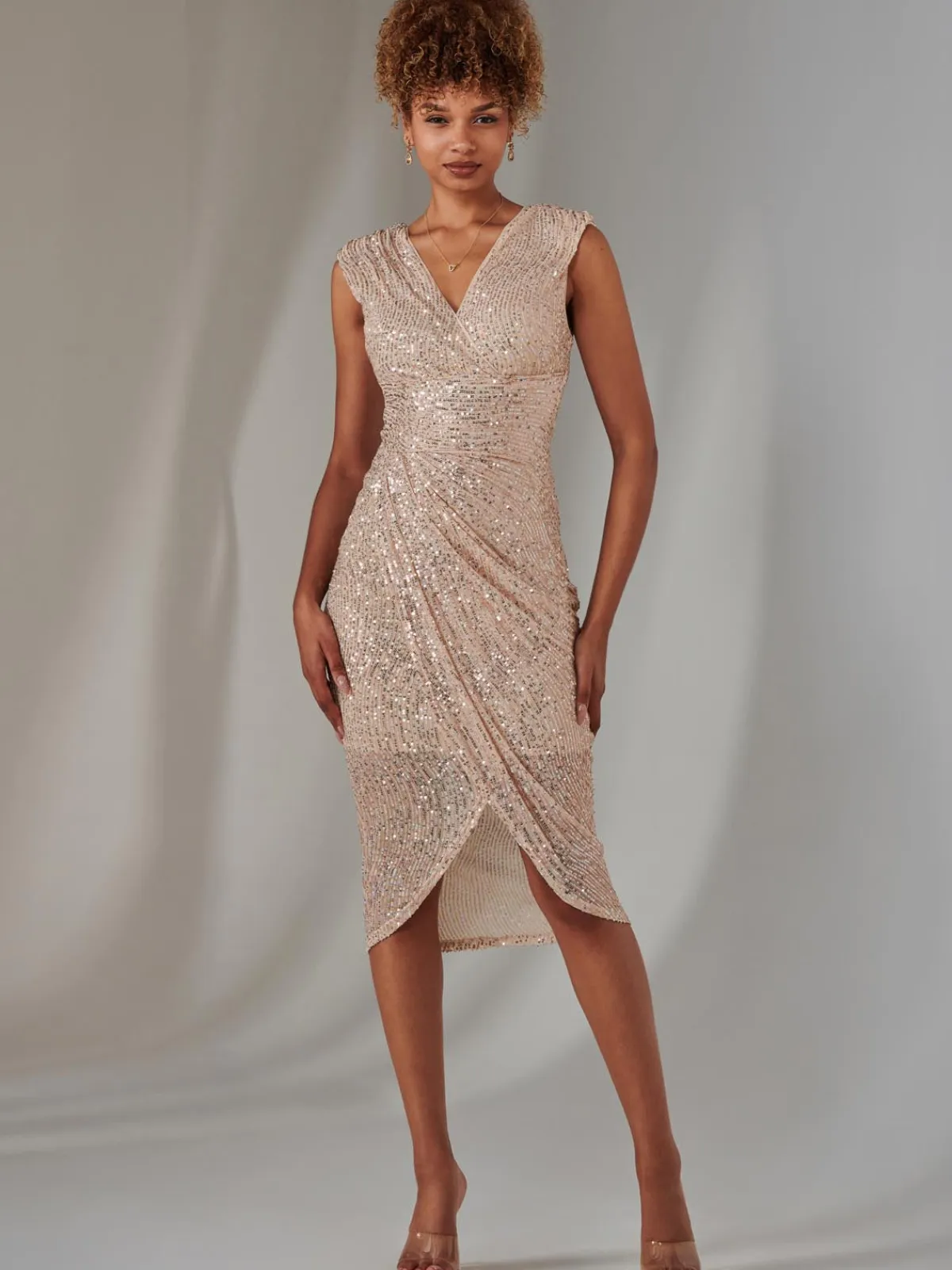 Jolie Moi Occasion Dresses|Party Dresses-Aisla Ruched Sequin Bodycon Dress, Rose Gold