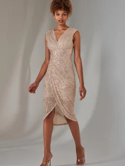 Jolie Moi Occasion Dresses|Party Dresses-Aisla Ruched Sequin Bodycon Dress, Rose Gold