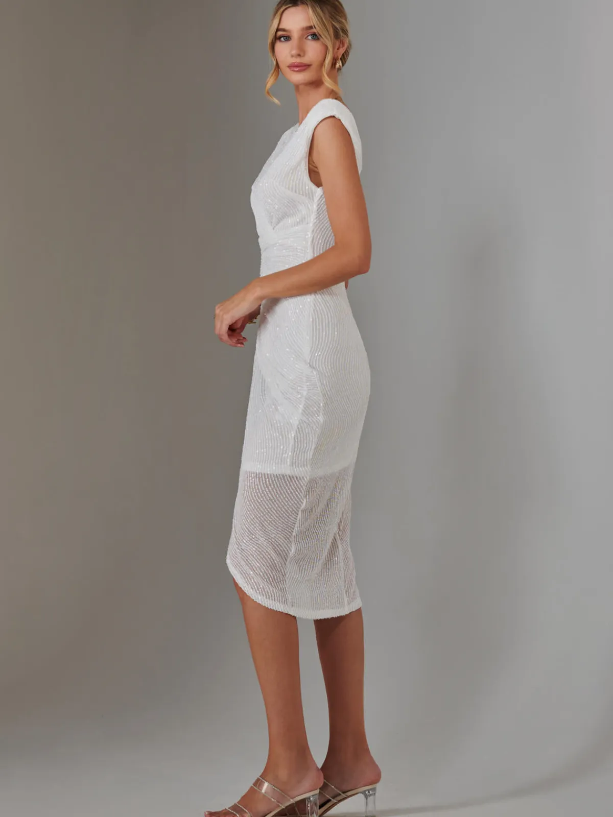 Jolie Moi Occasion Dresses|Party Dresses-Aisla Ruched Sequin Bodycon Dress, White