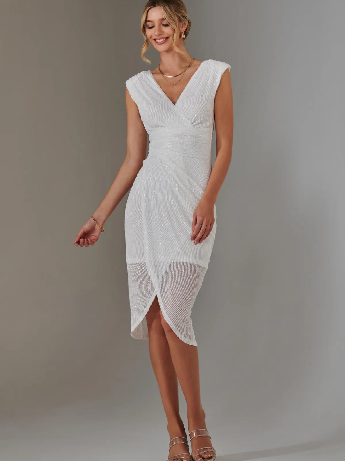 Jolie Moi Occasion Dresses|Party Dresses-Aisla Ruched Sequin Bodycon Dress, White