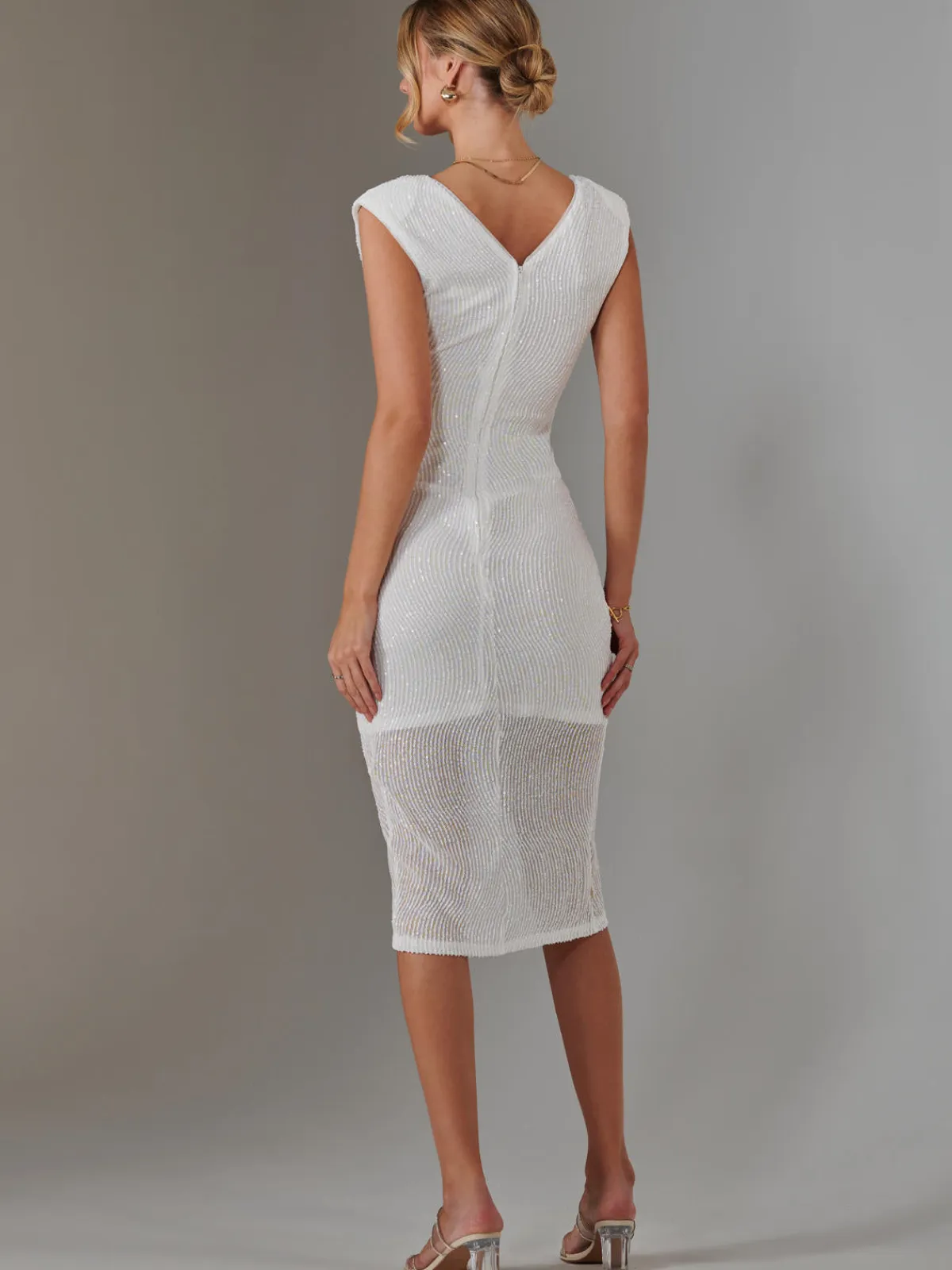 Jolie Moi Occasion Dresses|Party Dresses-Aisla Ruched Sequin Bodycon Dress, White