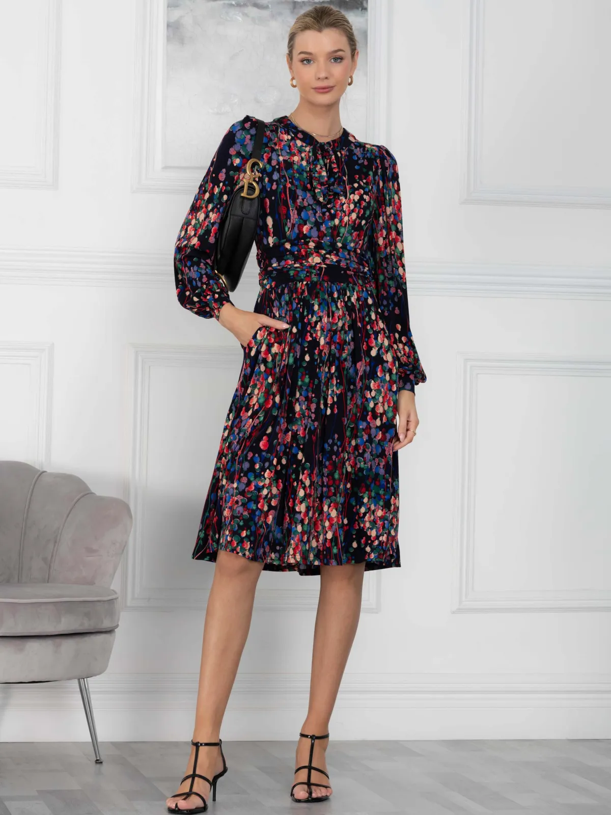 Jolie Moi Occasion Dresses|Weekend Casuals-Allyn Bow Neck Long Sleeve Dress, Navy Abstract