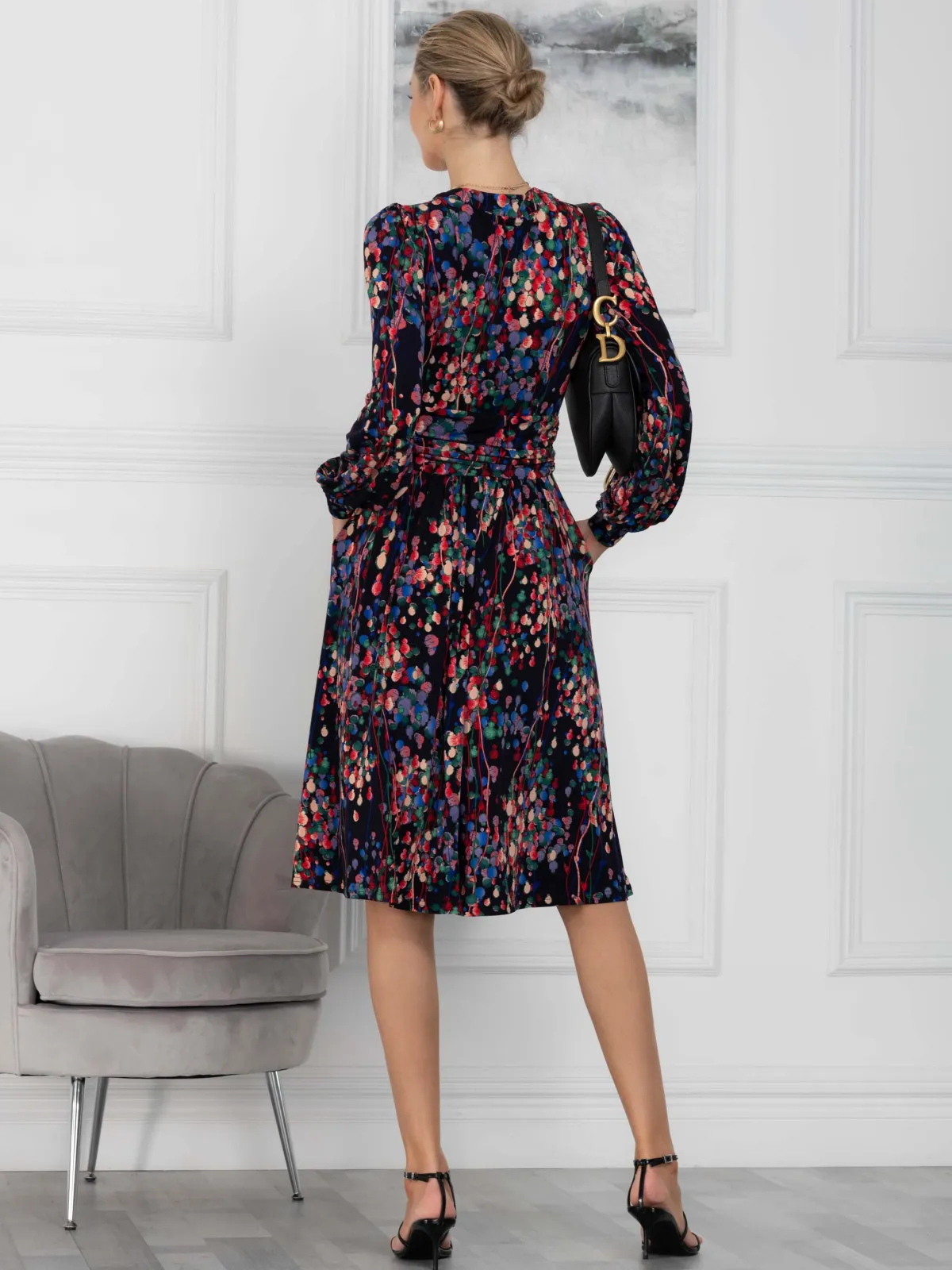 Jolie Moi Occasion Dresses|Weekend Casuals-Allyn Bow Neck Long Sleeve Dress, Navy Abstract