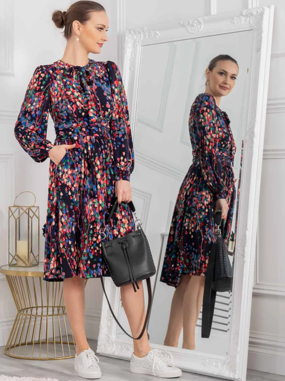 Jolie Moi Occasion Dresses|Weekend Casuals-Allyn Bow Neck Long Sleeve Dress, Navy Abstract