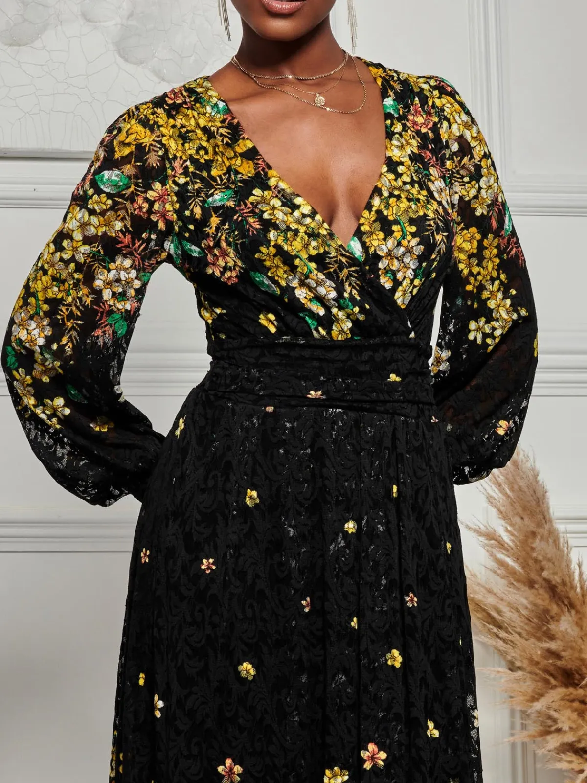 Jolie Moi Occasion Dresses|Weekend Casuals-Amica Symmetrical Print Lace Maxi Dress, Yellow Floral