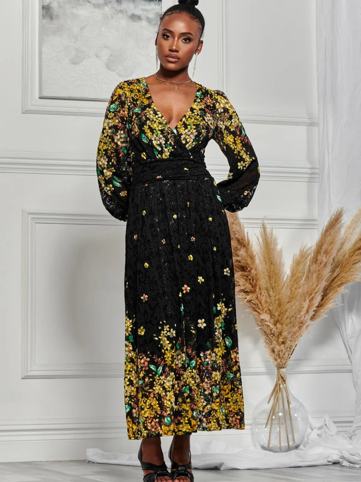 Jolie Moi Occasion Dresses|Weekend Casuals-Amica Symmetrical Print Lace Maxi Dress, Yellow Floral