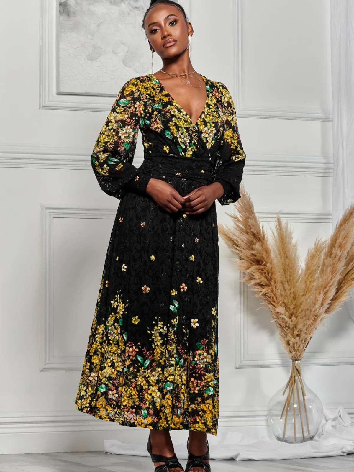 Jolie Moi Occasion Dresses|Weekend Casuals-Amica Symmetrical Print Lace Maxi Dress, Yellow Floral