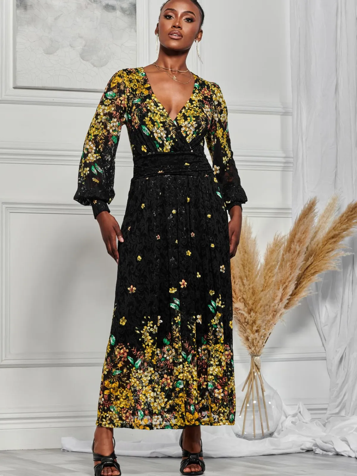 Jolie Moi Occasion Dresses|Weekend Casuals-Amica Symmetrical Print Lace Maxi Dress, Yellow Floral