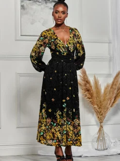 Jolie Moi Occasion Dresses|Weekend Casuals-Amica Symmetrical Print Lace Maxi Dress, Yellow Floral