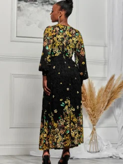 Jolie Moi Occasion Dresses|Weekend Casuals-Amica Symmetrical Print Lace Maxi Dress, Yellow Floral