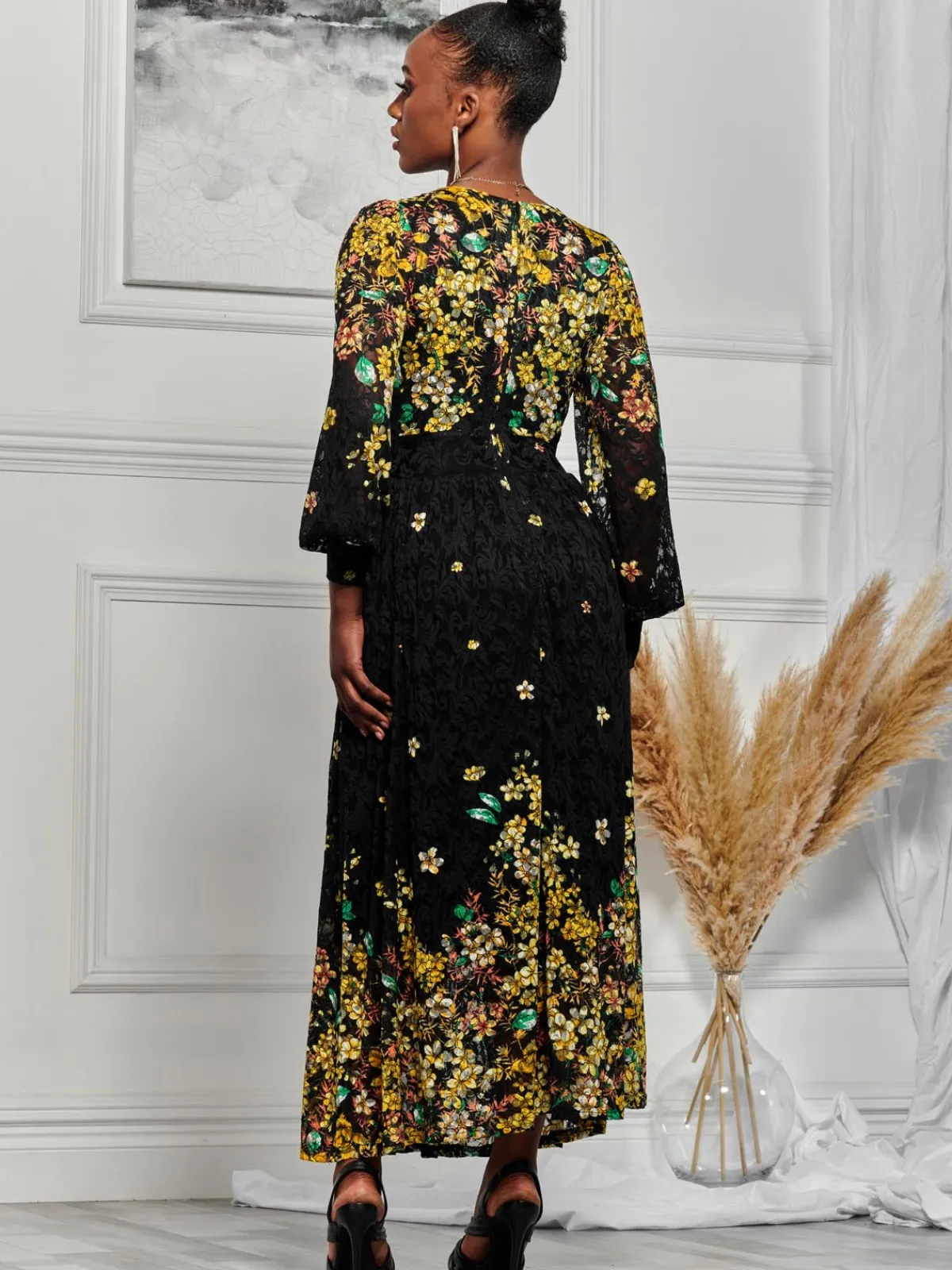 Jolie Moi Occasion Dresses|Weekend Casuals-Amica Symmetrical Print Lace Maxi Dress, Yellow Floral