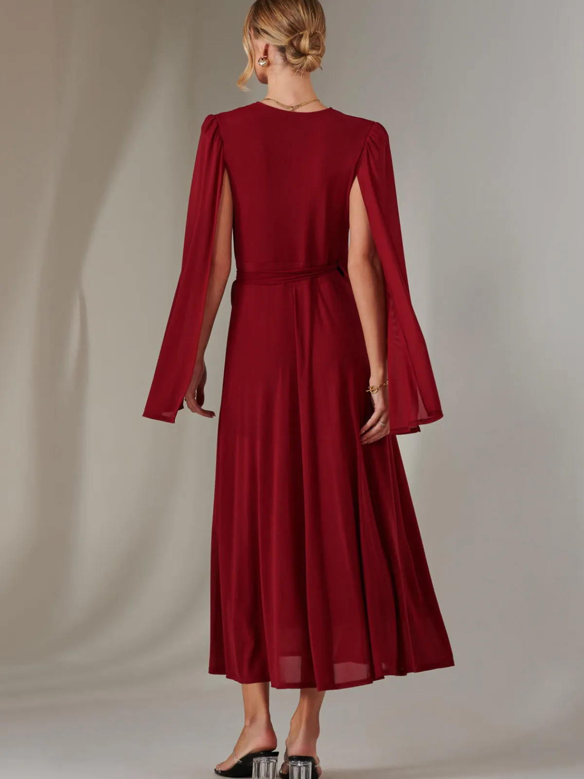 Jolie Moi Occasion Dresses|Wrap Dresses-Amira Cape Sleeve Wrapped Maxi Dress, Merlot