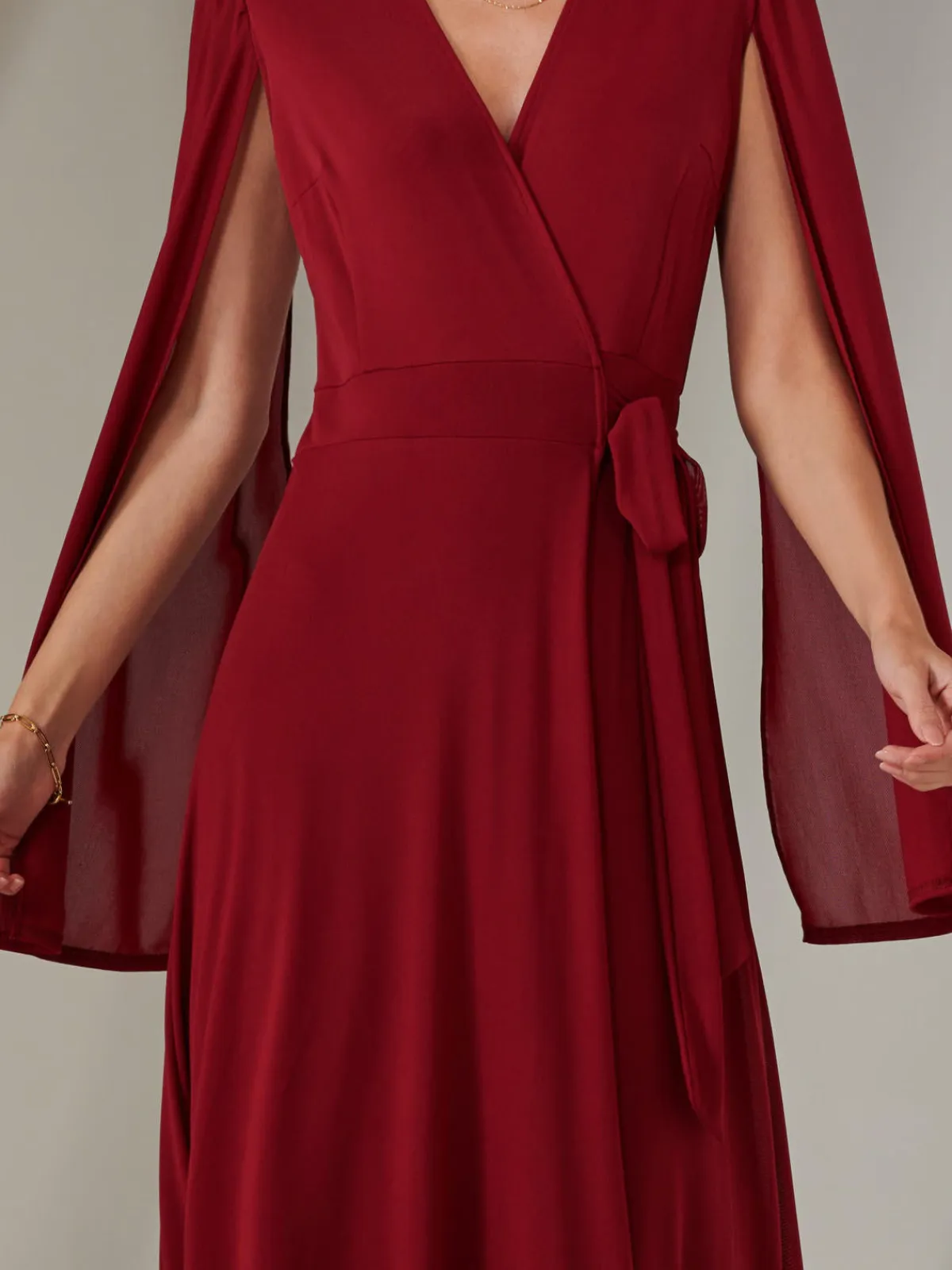 Jolie Moi Occasion Dresses|Wrap Dresses-Amira Cape Sleeve Wrapped Maxi Dress, Merlot