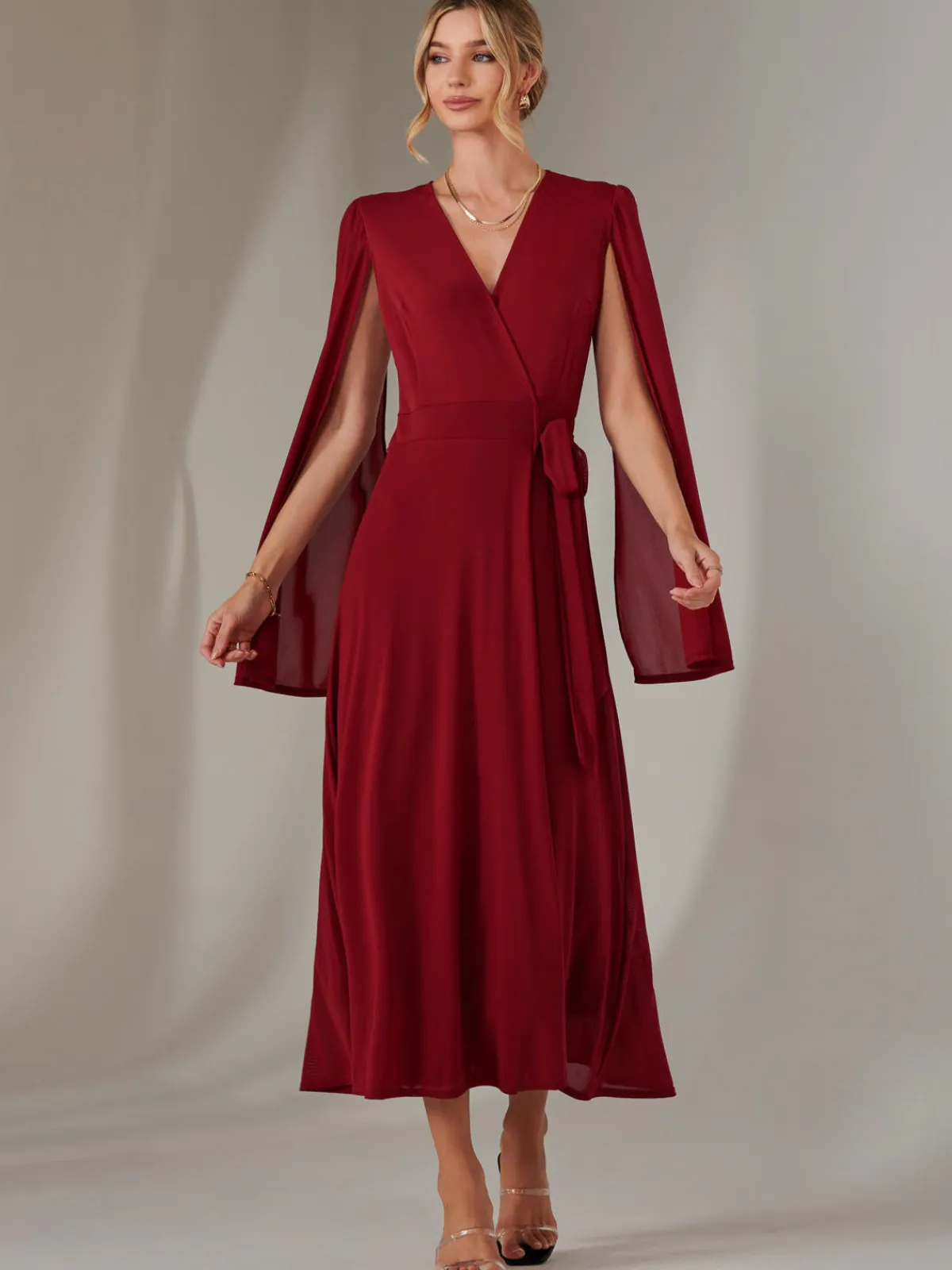 Jolie Moi Occasion Dresses|Wrap Dresses-Amira Cape Sleeve Wrapped Maxi Dress, Merlot