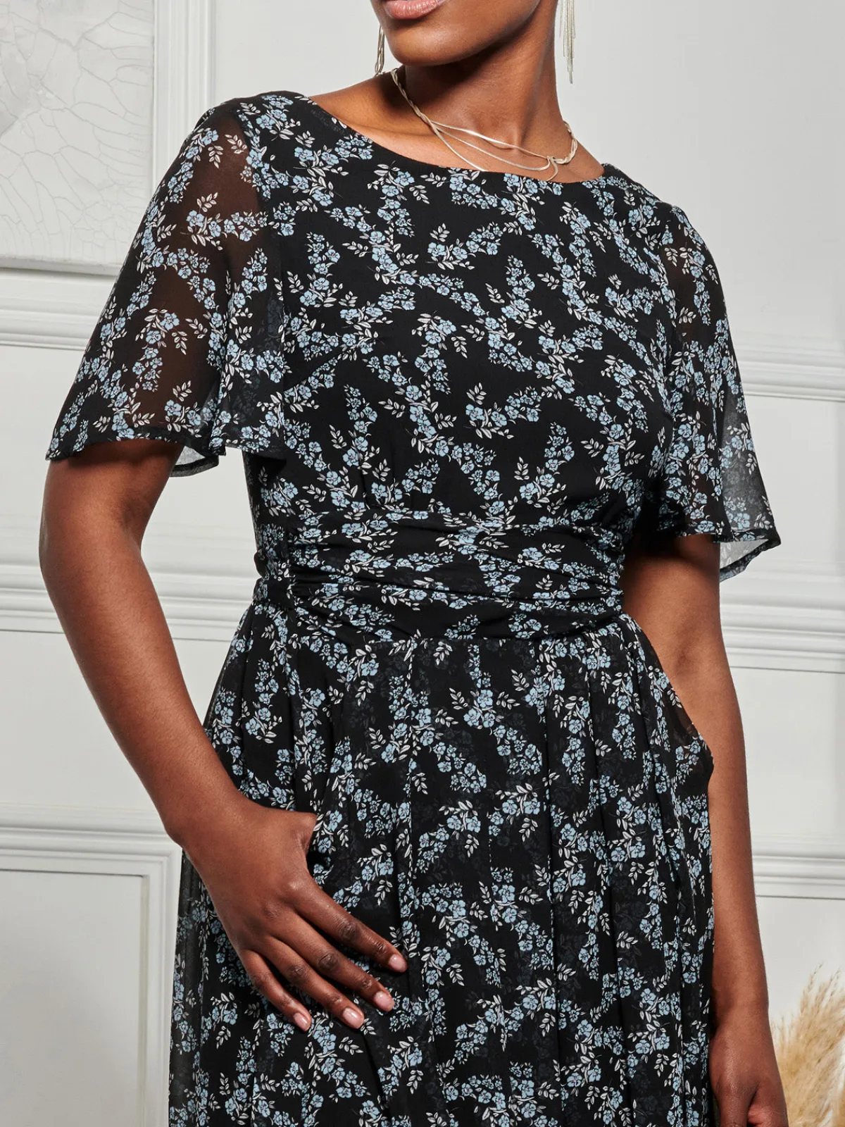 Jolie Moi Occasion Dresses|Weekend Casuals-Angel Sleeve Chiffon Maxi Dress, Black Ditsy