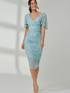 Jolie Moi Occasion Dresses|Floral Dresses-Angel Sleeved Floral Mesh Bodycon Dress, Green Floral