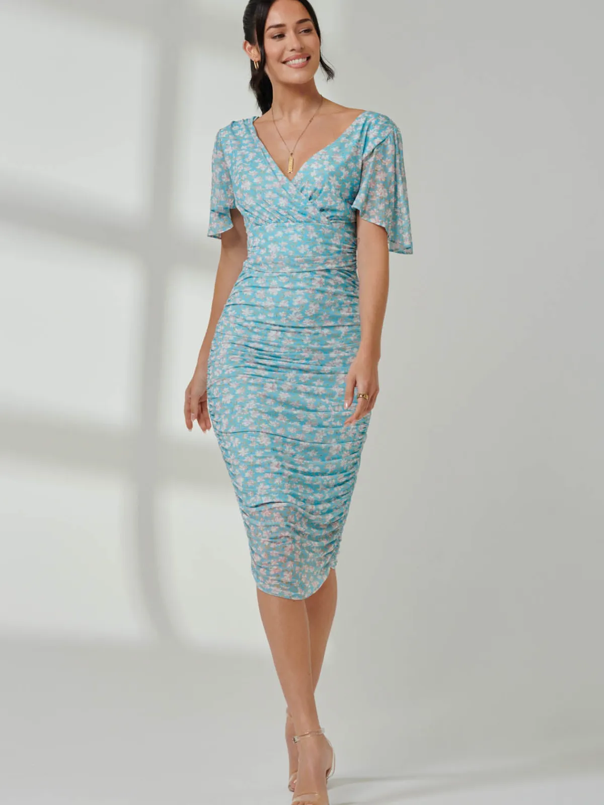 Jolie Moi Occasion Dresses|Floral Dresses-Angel Sleeved Floral Mesh Bodycon Dress, Green Floral
