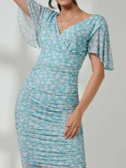 Jolie Moi Occasion Dresses|Floral Dresses-Angel Sleeved Floral Mesh Bodycon Dress, Green Floral