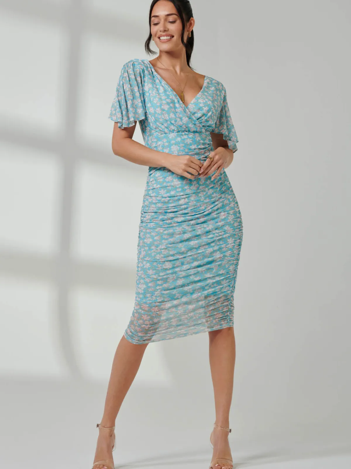 Jolie Moi Occasion Dresses|Floral Dresses-Angel Sleeved Floral Mesh Bodycon Dress, Green Floral