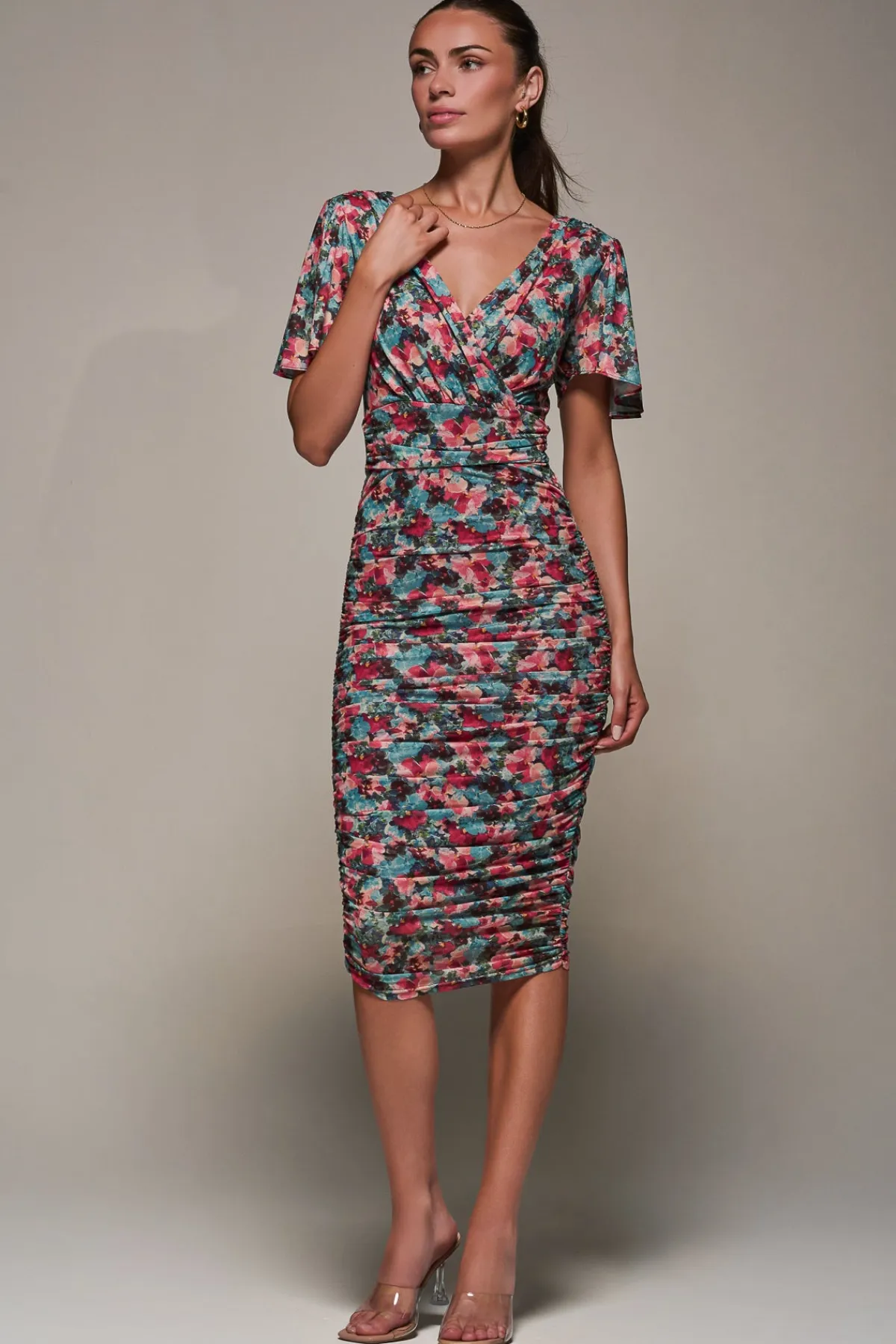 Jolie Moi Occasion Dresses|Party Dresses-Angel Sleeved Floral Mesh Bodycon Dress, Teal Multi