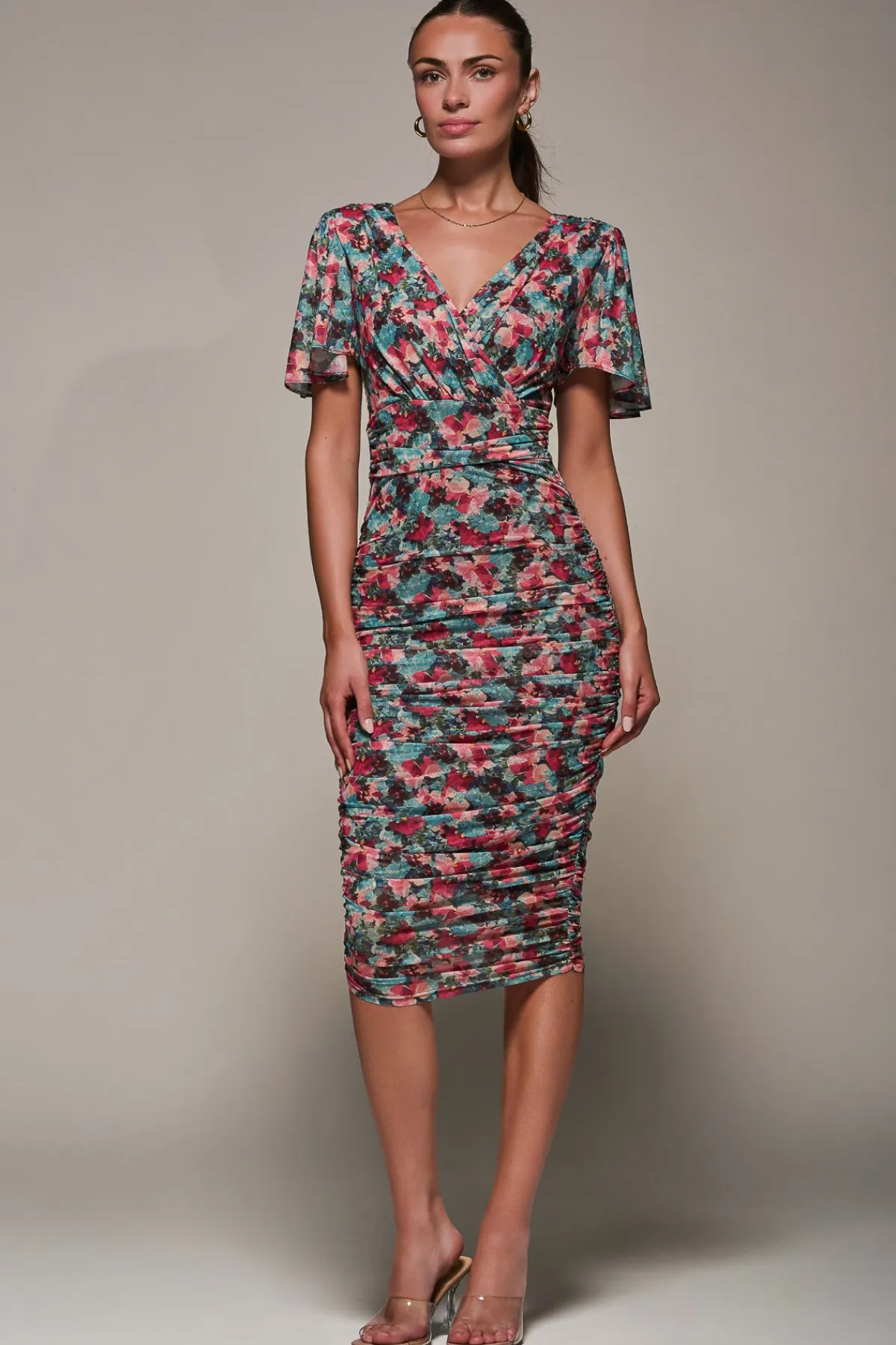 Jolie Moi Occasion Dresses|Party Dresses-Angel Sleeved Floral Mesh Bodycon Dress, Teal Multi