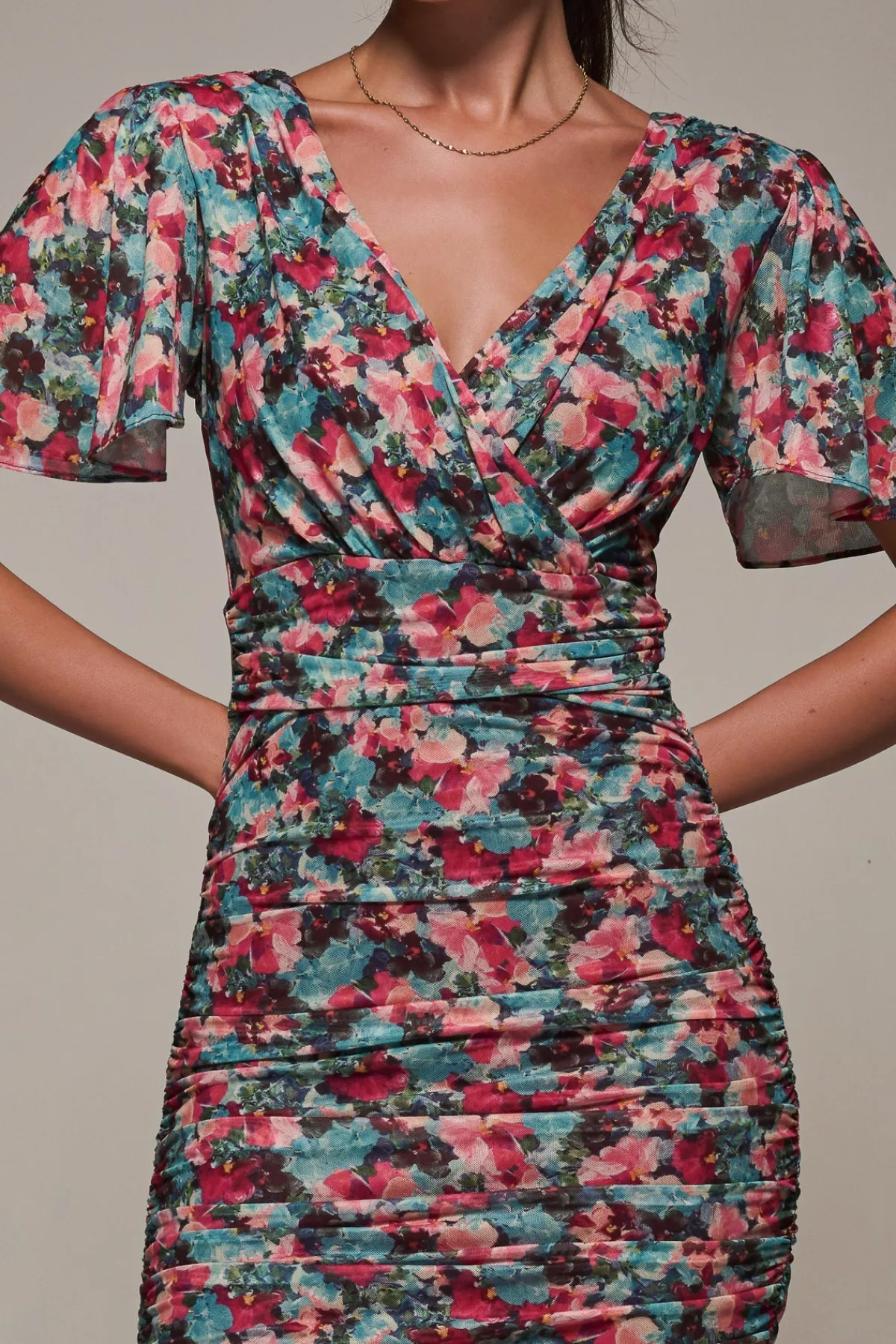 Jolie Moi Occasion Dresses|Party Dresses-Angel Sleeved Floral Mesh Bodycon Dress, Teal Multi