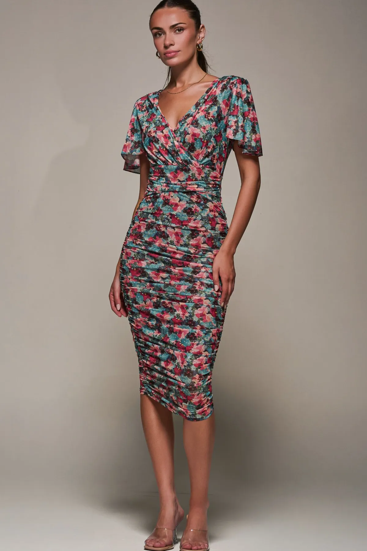 Jolie Moi Occasion Dresses|Party Dresses-Angel Sleeved Floral Mesh Bodycon Dress, Teal Multi