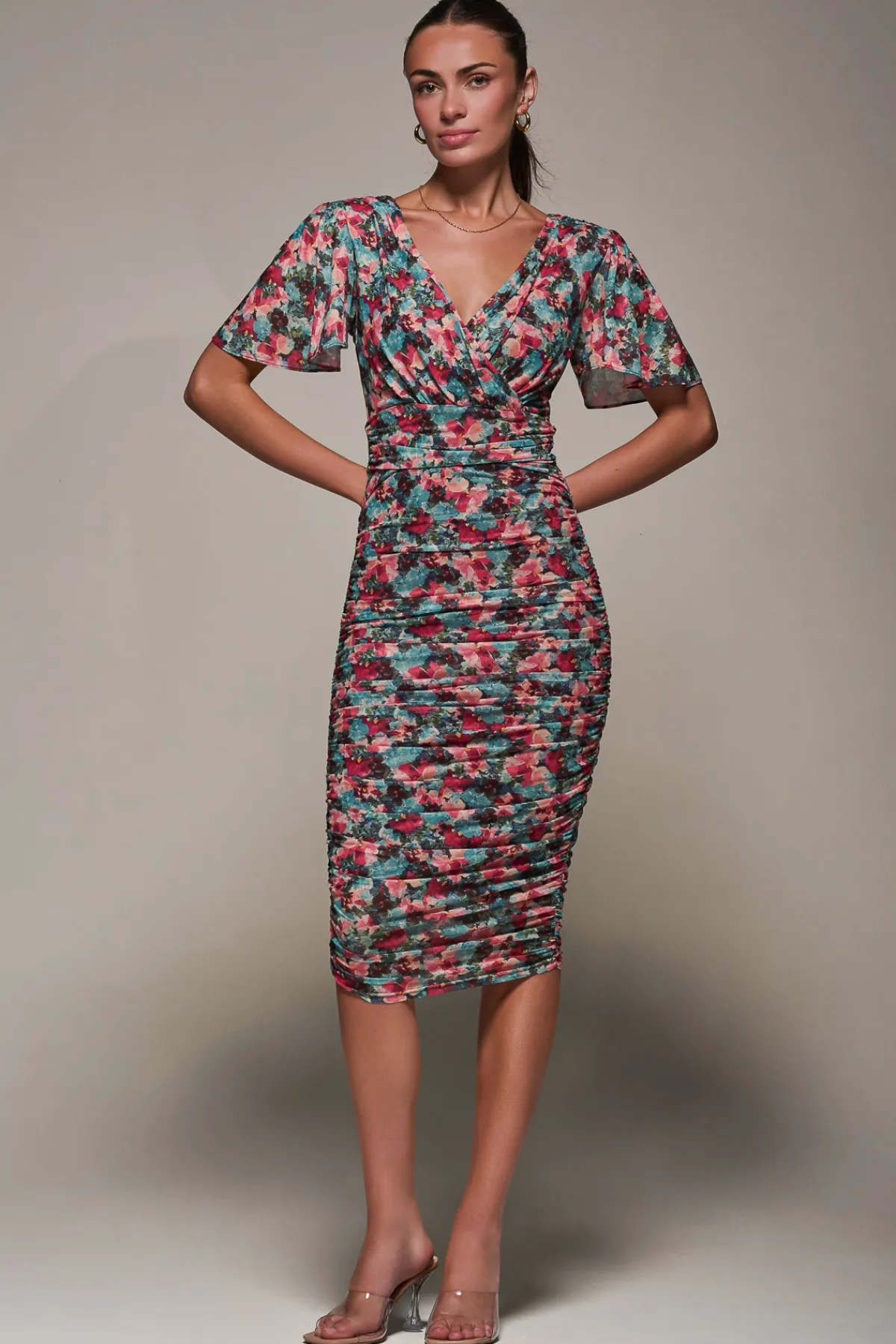 Jolie Moi Occasion Dresses|Party Dresses-Angel Sleeved Floral Mesh Bodycon Dress, Teal Multi