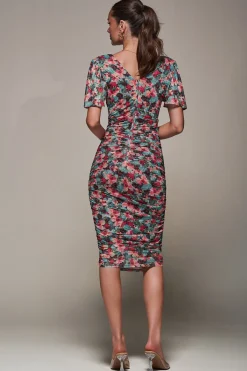 Jolie Moi Occasion Dresses|Party Dresses-Angel Sleeved Floral Mesh Bodycon Dress, Teal Multi