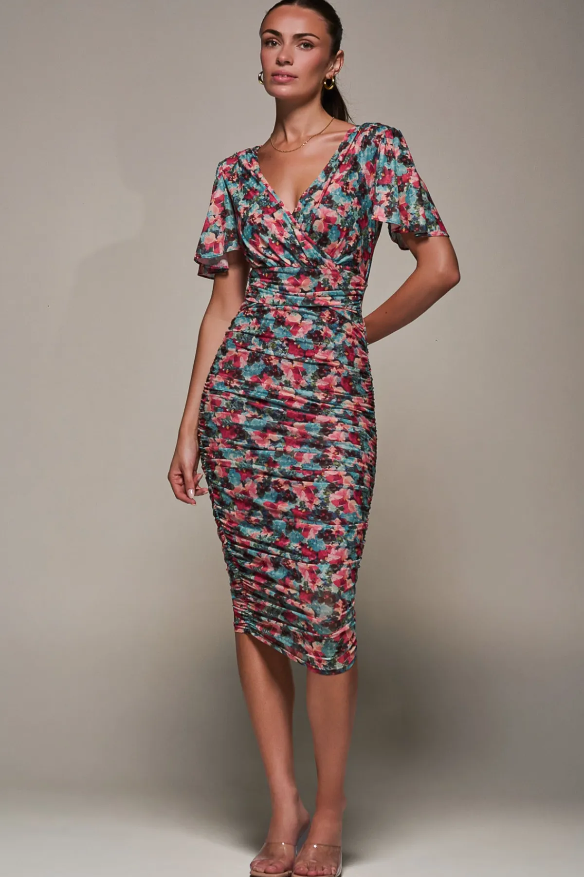Jolie Moi Occasion Dresses|Party Dresses-Angel Sleeved Floral Mesh Bodycon Dress, Teal Multi