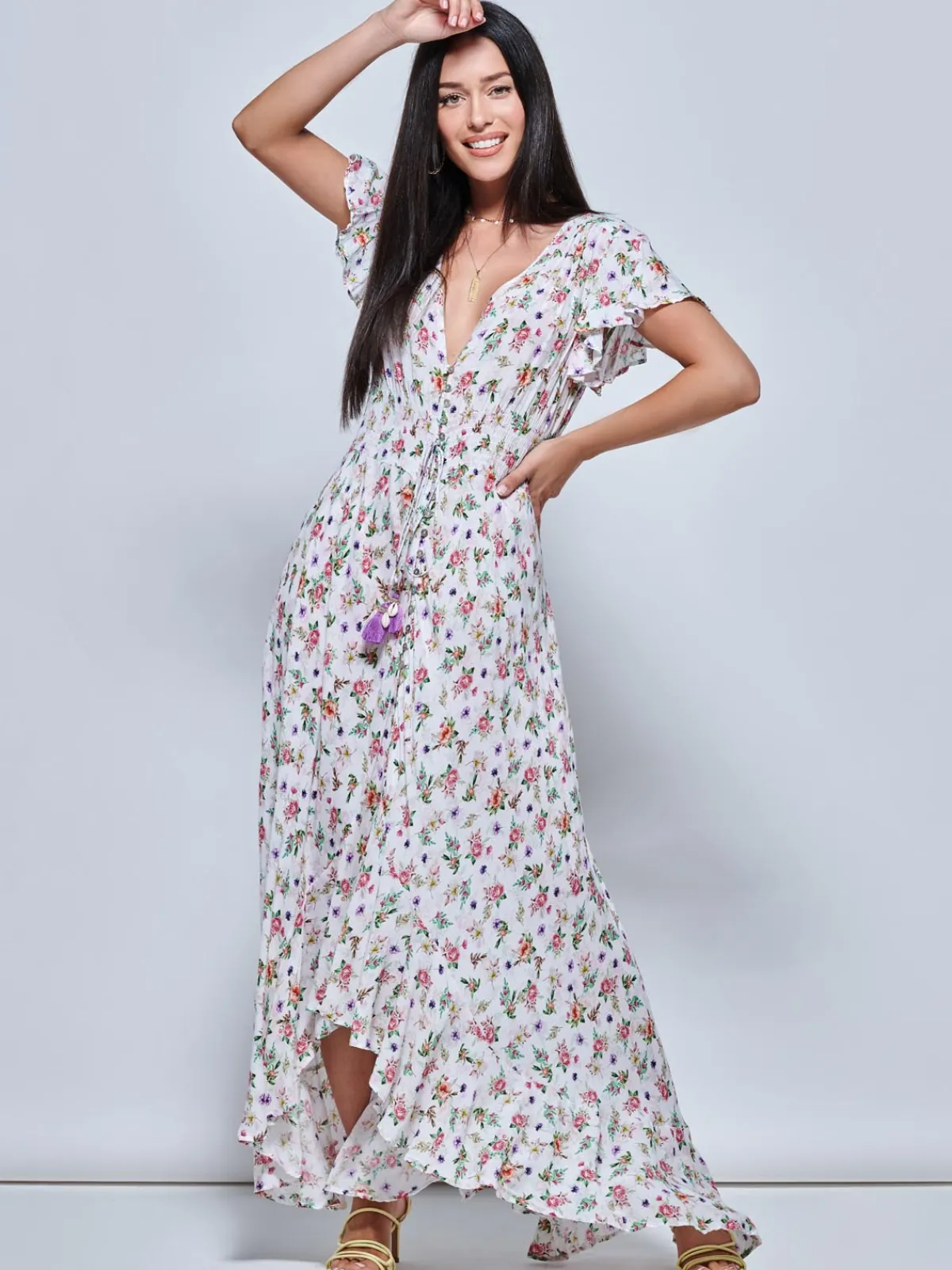 Jolie Moi Occasion Dresses|Weekend Casuals-Ange eeved High ow Hoiday axi Dre, Pink Floral