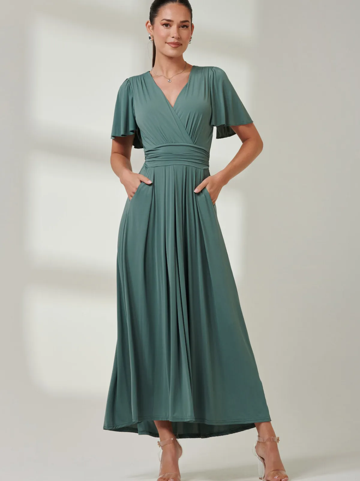 Jolie Moi Occasion Dresses|Party Dresses- Angel Sleeve Jersey Maxi Dress Pleat Green