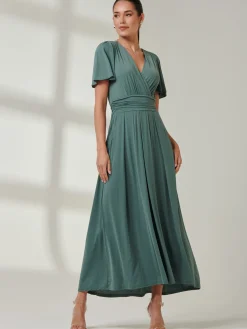 Jolie Moi Occasion Dresses|Party Dresses- Angel Sleeve Jersey Maxi Dress Pleat Green