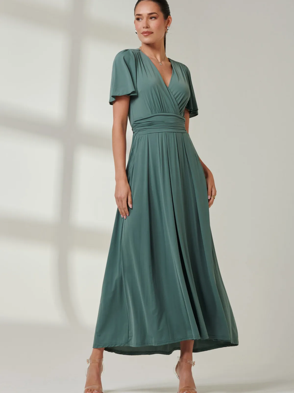 Jolie Moi Occasion Dresses|Party Dresses- Angel Sleeve Jersey Maxi Dress Pleat Green