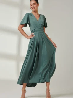 Jolie Moi Occasion Dresses|Party Dresses- Angel Sleeve Jersey Maxi Dress Pleat Green