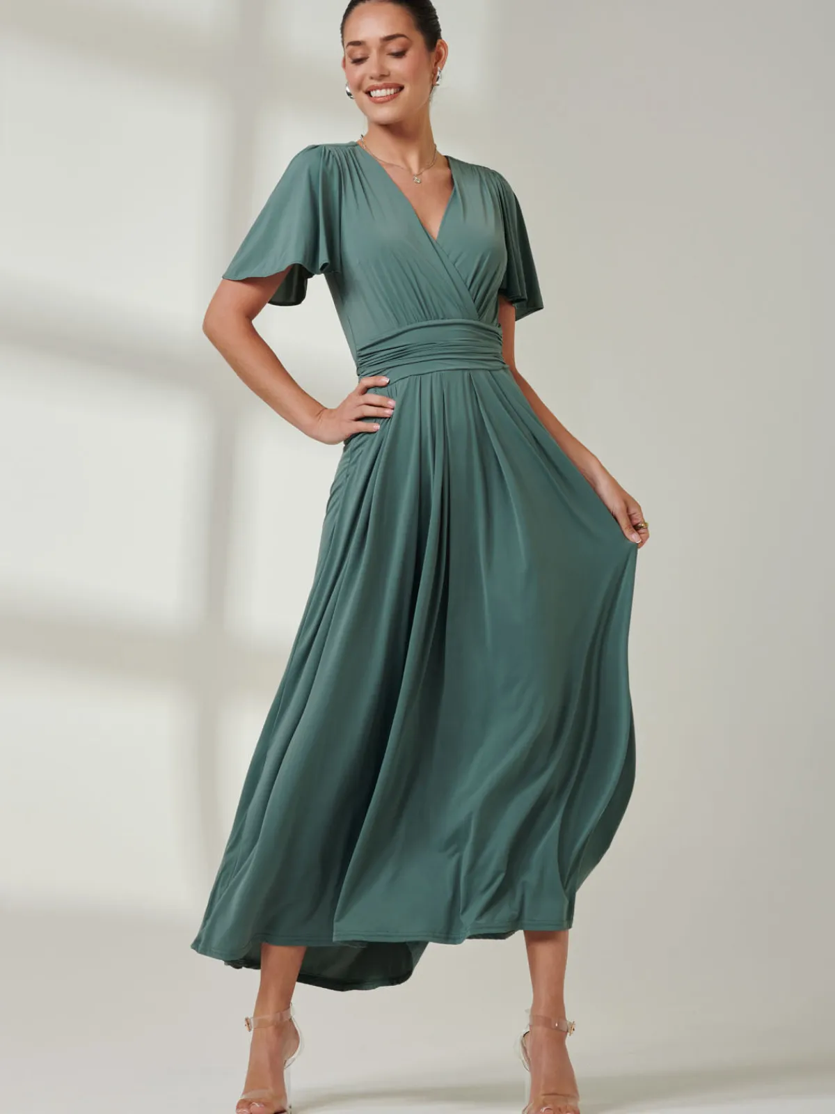Jolie Moi Occasion Dresses|Party Dresses- Angel Sleeve Jersey Maxi Dress Pleat Green