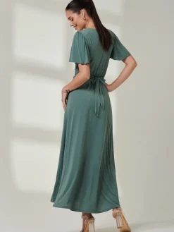 Jolie Moi Occasion Dresses|Party Dresses- Angel Sleeve Jersey Maxi Dress Pleat Green