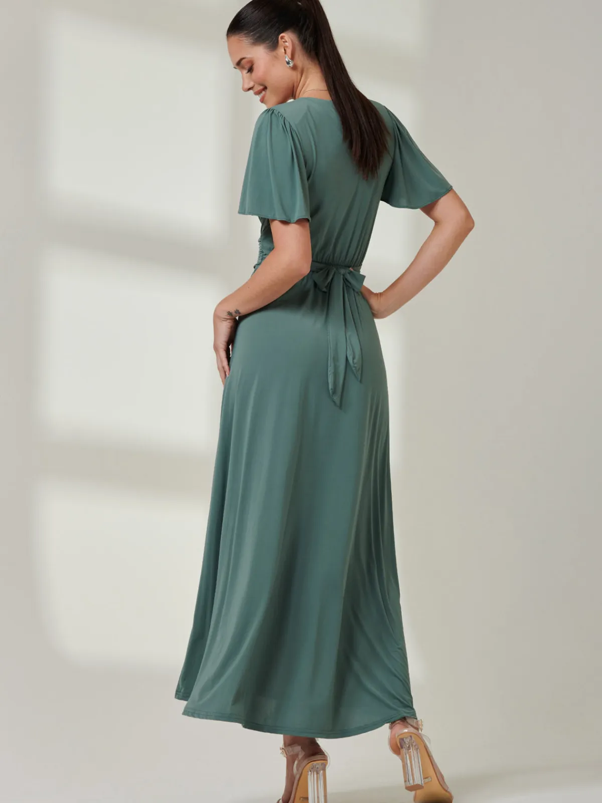 Jolie Moi Occasion Dresses|Party Dresses- Angel Sleeve Jersey Maxi Dress Pleat Green