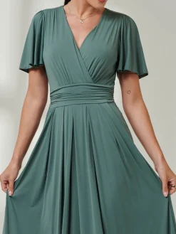 Jolie Moi Occasion Dresses|Party Dresses- Angel Sleeve Jersey Maxi Dress Pleat Green