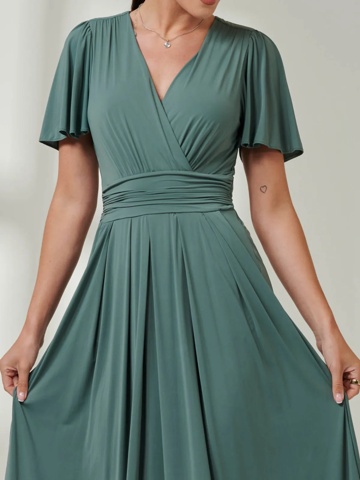 Jolie Moi Occasion Dresses|Party Dresses- Angel Sleeve Jersey Maxi Dress Pleat Green
